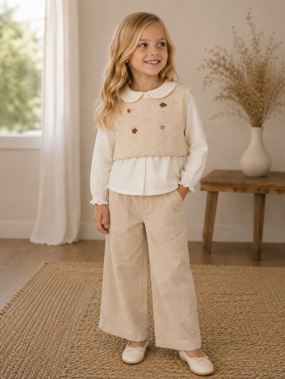 Zara Girls Cream Cable Knit Cropped Sweater Vest Floral Embroidery 6-9 Years